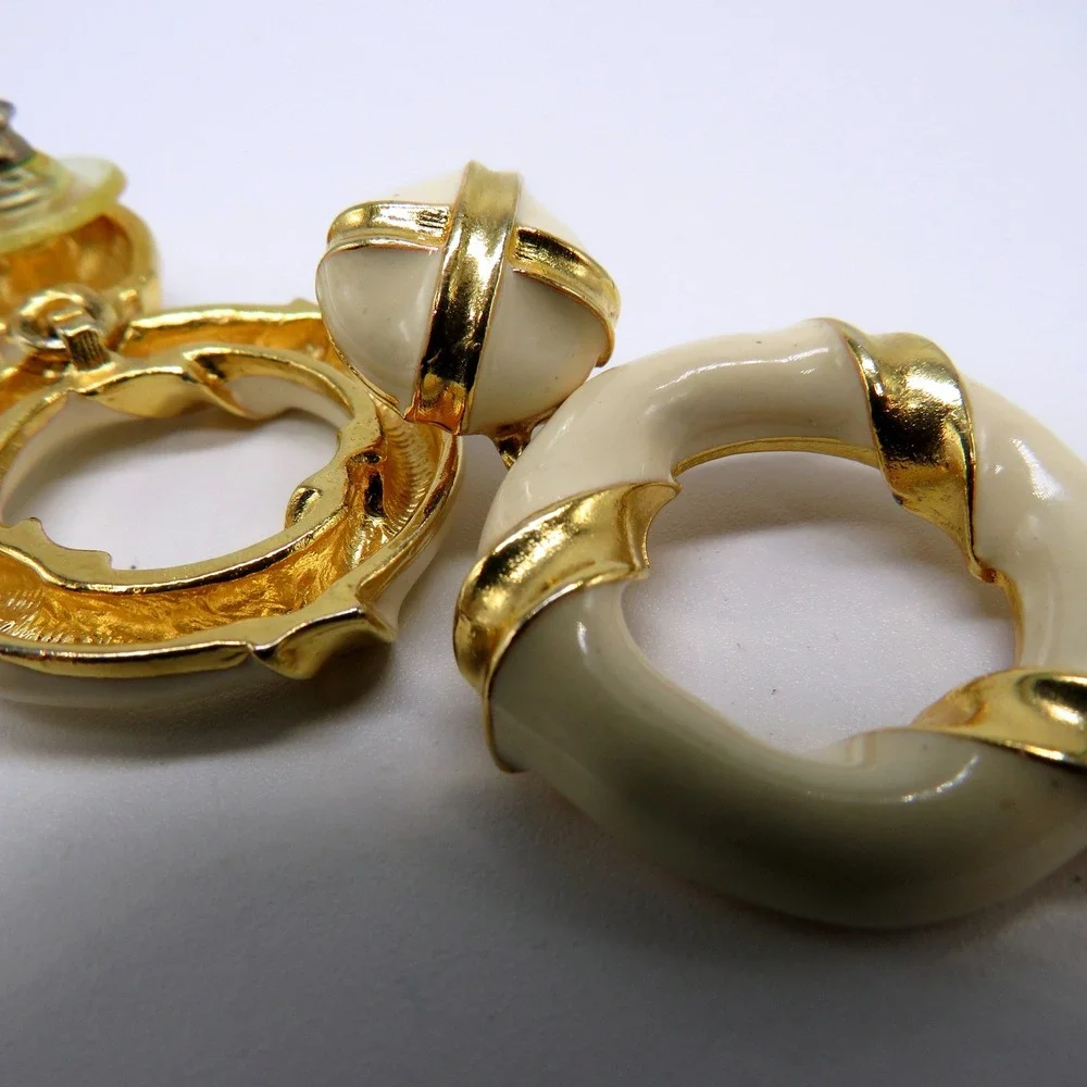 Vintage Cream Enamel Gold Tone Door Knocker Hoop Drop Earrings 1.5 Inch